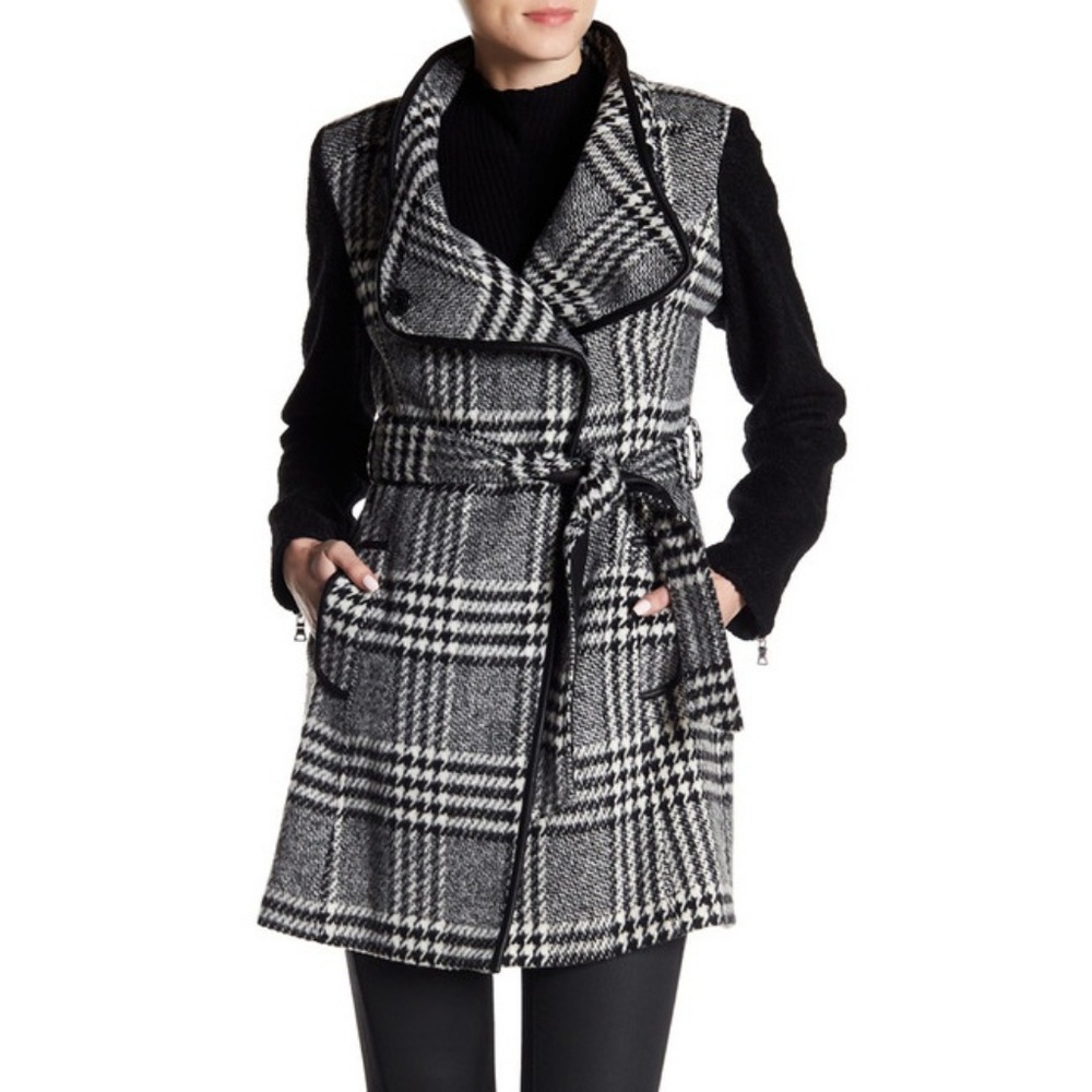 Guess Belted Wool Plaid ContrastSleeve Trench Coat - Picture 1 of 6